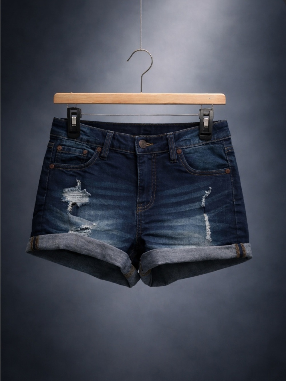Indigo Rein Dark Blue Distressed Roll-Cuff Denim spandex Shorts